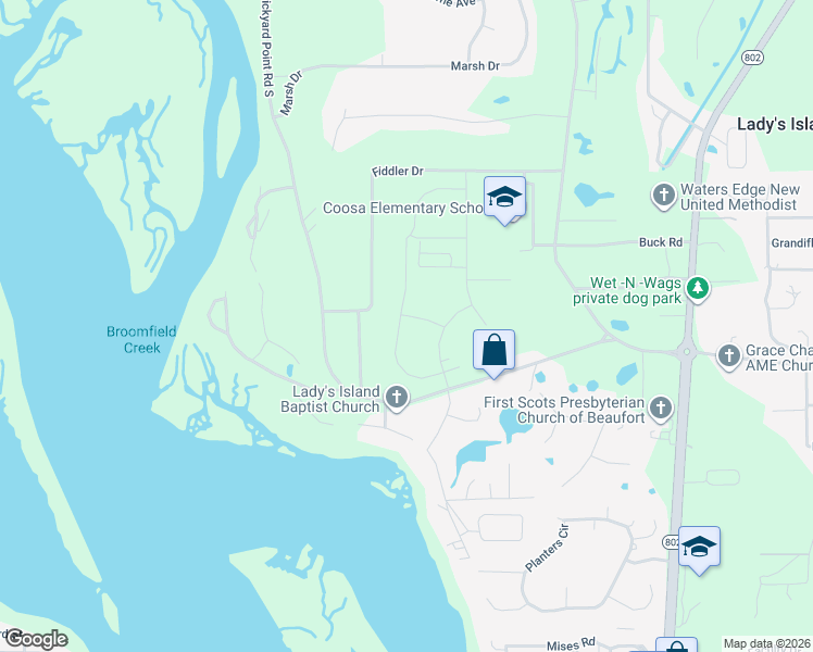 map of restaurants, bars, coffee shops, grocery stores, and more near 47 Fiddler Drive in Beaufort