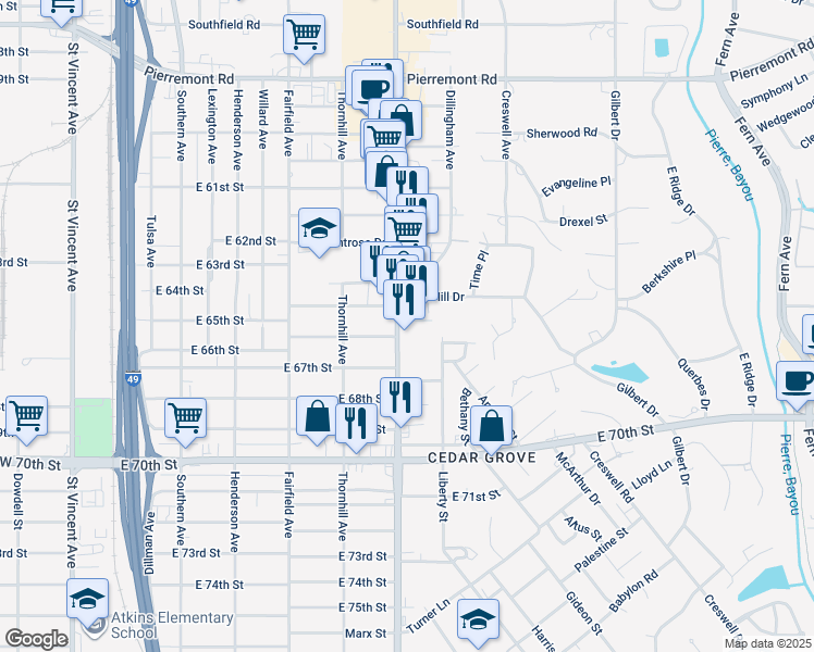 map of restaurants, bars, coffee shops, grocery stores, and more near 6537 Line Avenue in Shreveport