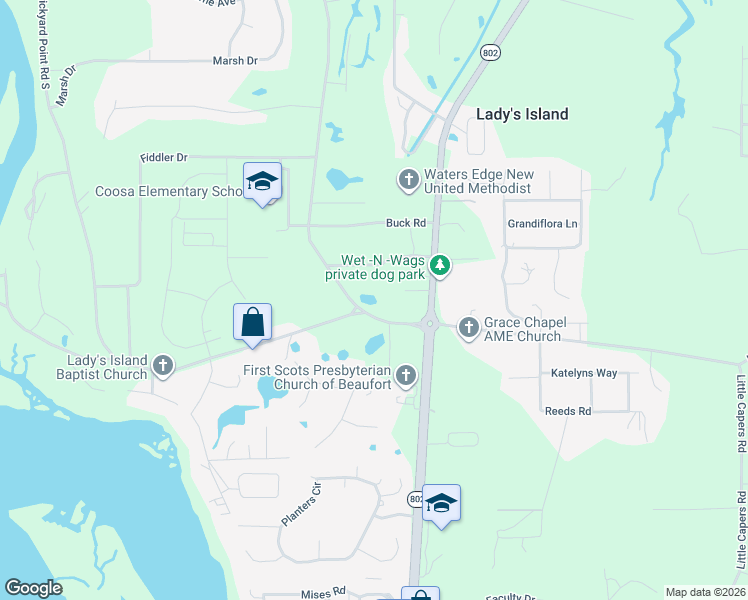 map of restaurants, bars, coffee shops, grocery stores, and more near 14 Middle Road in Beaufort