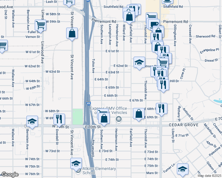 map of restaurants, bars, coffee shops, grocery stores, and more near 6501 Lexington Avenue in Shreveport