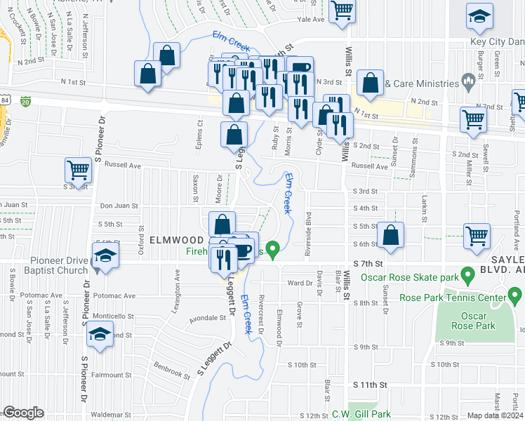 map of restaurants, bars, coffee shops, grocery stores, and more near 417 Saddlewood Drive in Abilene