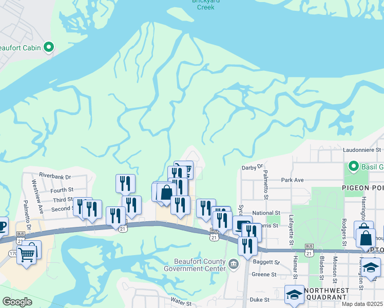 map of restaurants, bars, coffee shops, grocery stores, and more near 1730 Greenlawn Drive in Beaufort