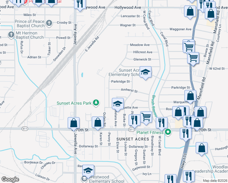 map of restaurants, bars, coffee shops, grocery stores, and more near 3057 Amherst Street in Shreveport