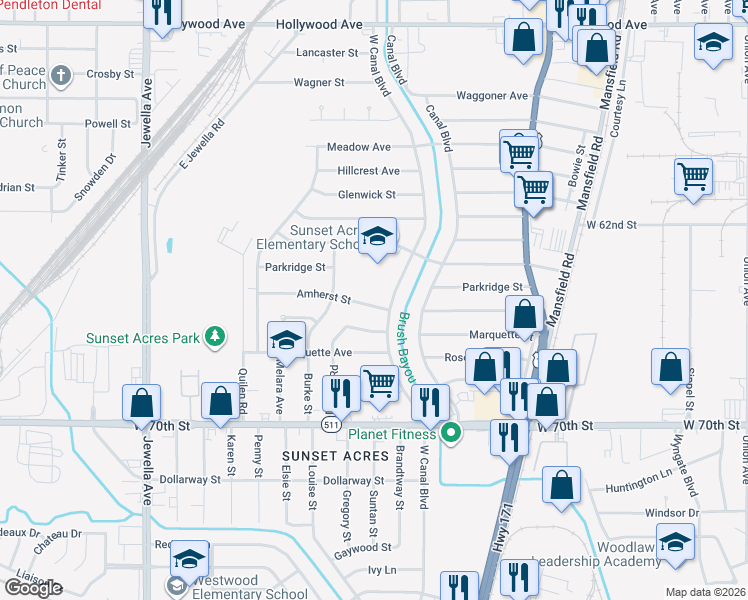 map of restaurants, bars, coffee shops, grocery stores, and more near 2914 Amherst Street in Shreveport
