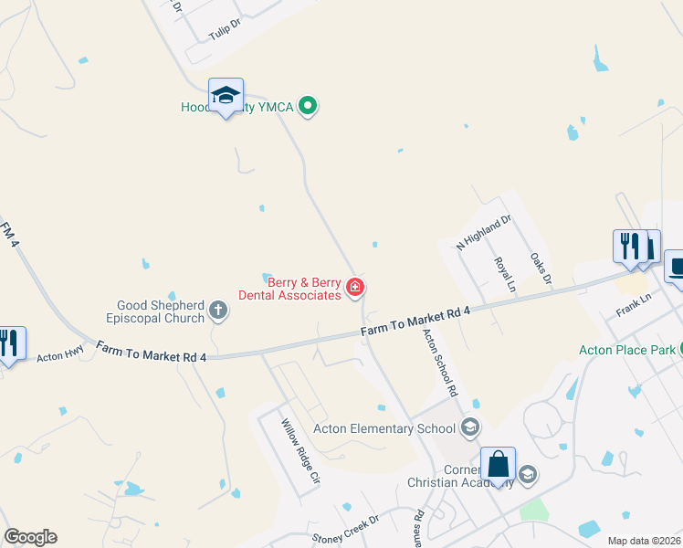 map of restaurants, bars, coffee shops, grocery stores, and more near 2200 James Road in Granbury