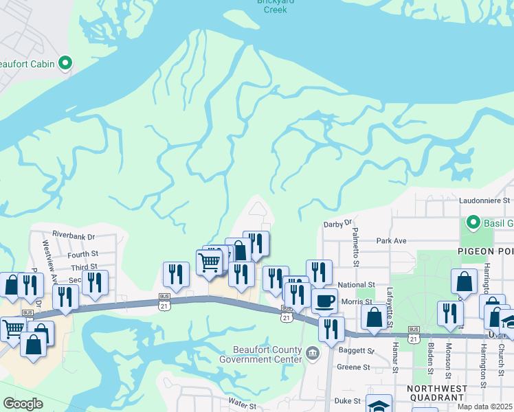 map of restaurants, bars, coffee shops, grocery stores, and more near 1730 Greenlawn Drive in Beaufort