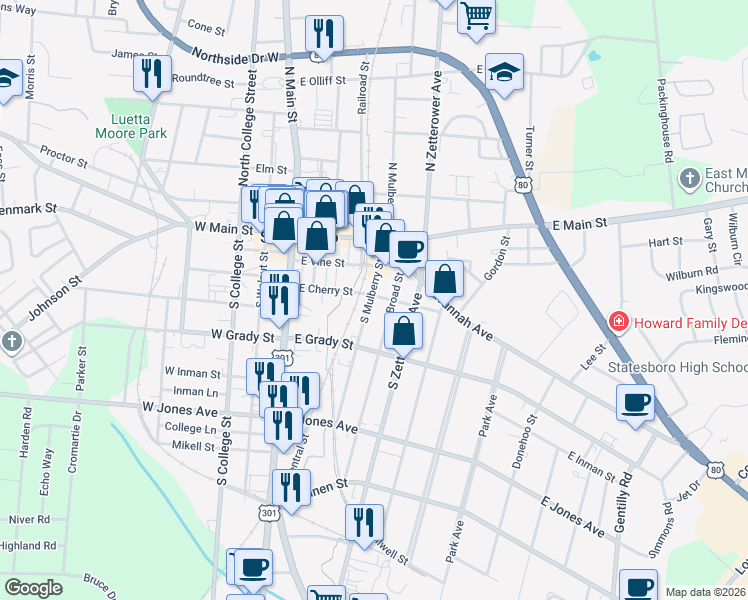 map of restaurants, bars, coffee shops, grocery stores, and more near 102 South Mulberry Street in Statesboro
