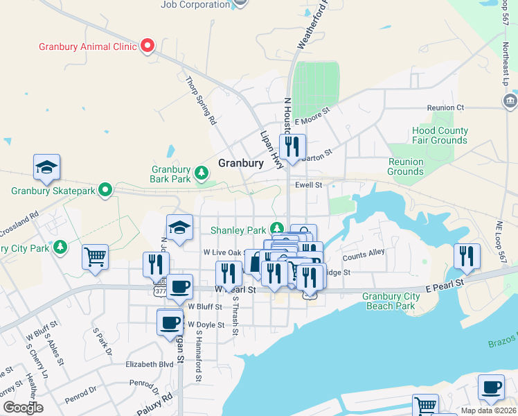 map of restaurants, bars, coffee shops, grocery stores, and more near 512 North Travis Street in Granbury