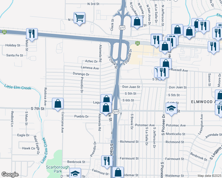 map of restaurants, bars, coffee shops, grocery stores, and more near 5113 Questa Drive in Abilene