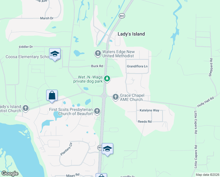 map of restaurants, bars, coffee shops, grocery stores, and more near 374 Sams Point Road in Beaufort