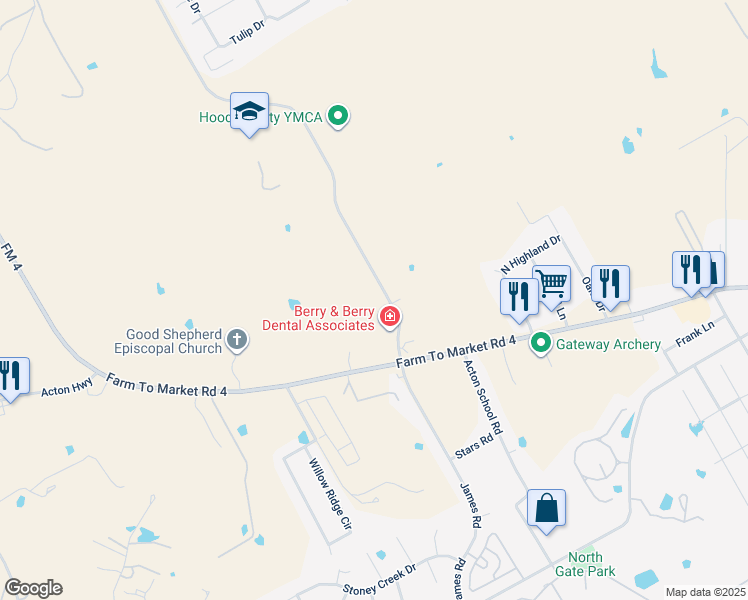 map of restaurants, bars, coffee shops, grocery stores, and more near 2200 James Road in Granbury