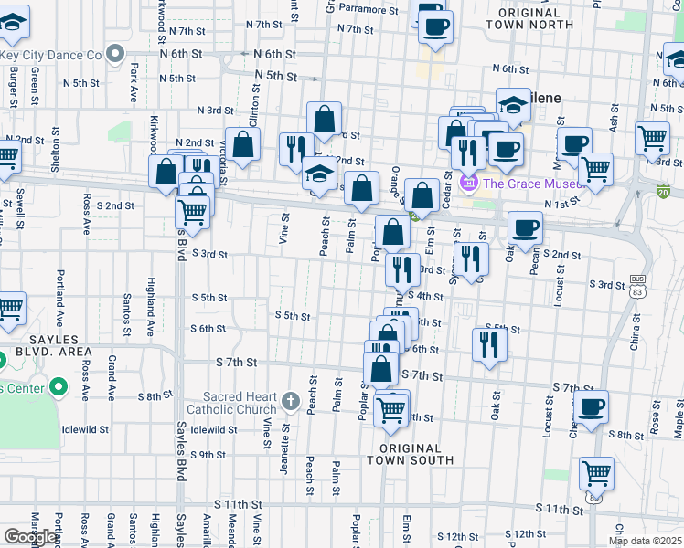 map of restaurants, bars, coffee shops, grocery stores, and more near 318 Palm Street in Abilene