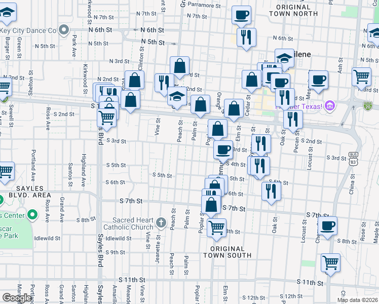 map of restaurants, bars, coffee shops, grocery stores, and more near 318 Palm Street in Abilene