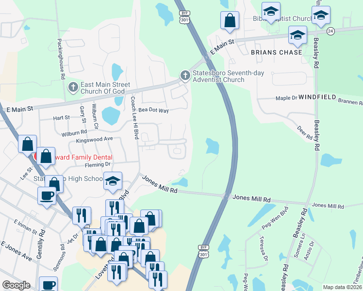 map of restaurants, bars, coffee shops, grocery stores, and more near 332 Hummingbird Circle in Statesboro