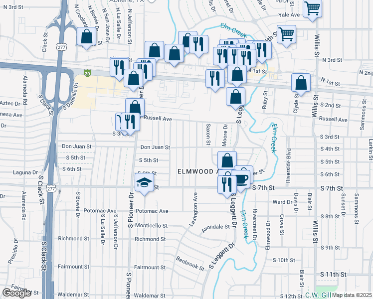 map of restaurants, bars, coffee shops, grocery stores, and more near 401 Hawthorne Street in Abilene