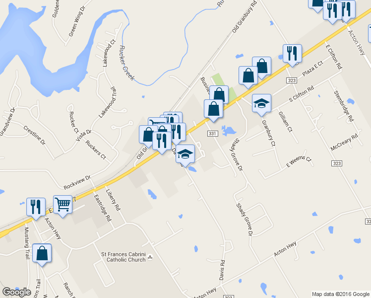 map of restaurants, bars, coffee shops, grocery stores, and more near 207 Davis Road in Granbury