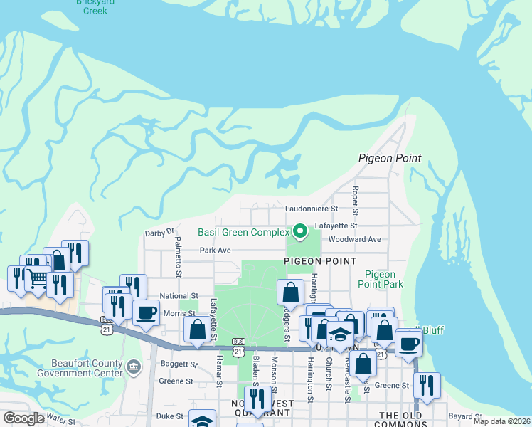 map of restaurants, bars, coffee shops, grocery stores, and more near 1500 Laudonniere Street in Beaufort