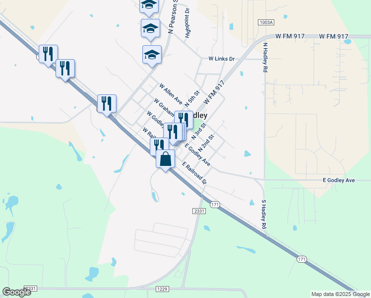 map of restaurants, bars, coffee shops, grocery stores, and more near 205 East Godley Avenue in Godley