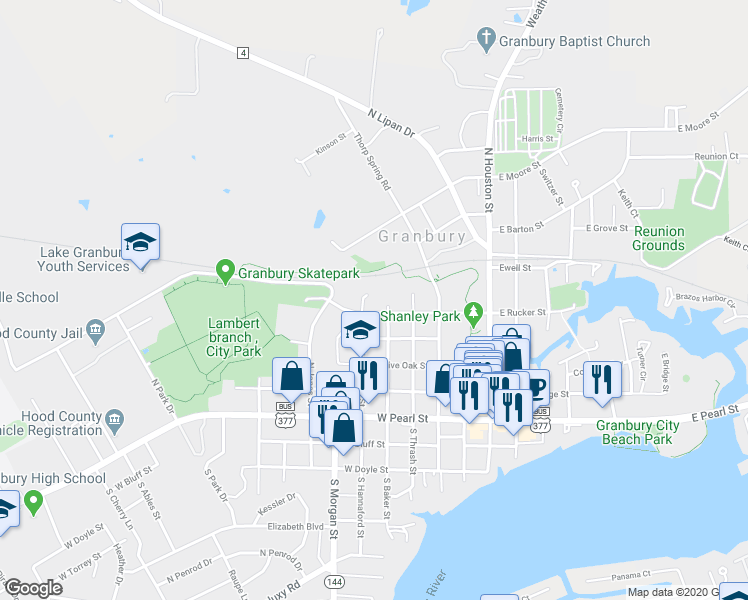 map of restaurants, bars, coffee shops, grocery stores, and more near 503 N Hannaford St in Granbury