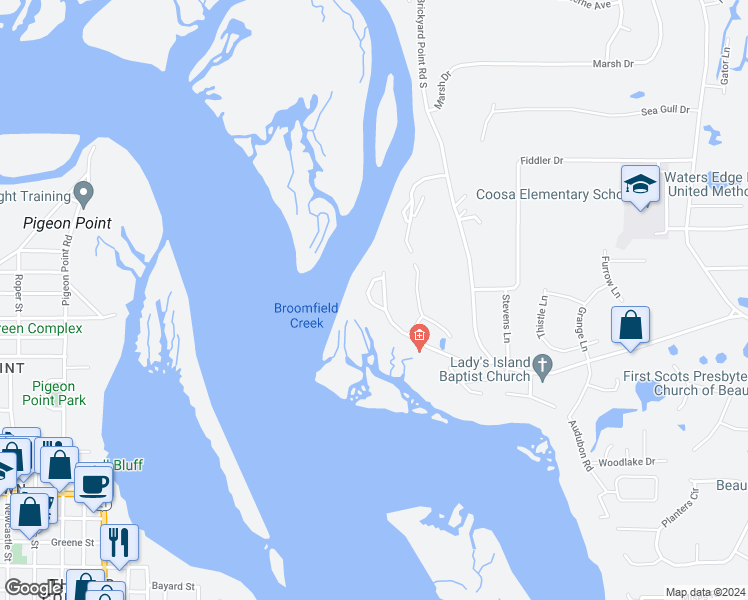map of restaurants, bars, coffee shops, grocery stores, and more near 25B Colony Gardens Road in Beaufort