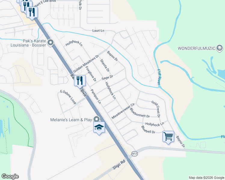 map of restaurants, bars, coffee shops, grocery stores, and more near 5413 Mulberry Drive in Bossier City