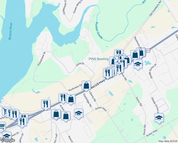 map of restaurants, bars, coffee shops, grocery stores, and more near 206 Vista Drive in Granbury