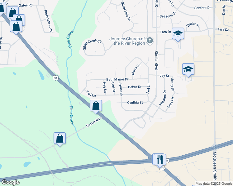 map of restaurants, bars, coffee shops, grocery stores, and more near 115 Lori Street in Prattville