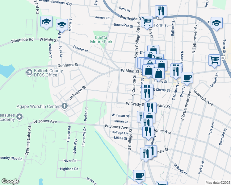 map of restaurants, bars, coffee shops, grocery stores, and more near 130 Bulloch Street in Statesboro