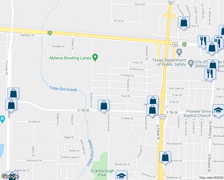 map of restaurants, bars, coffee shops, grocery stores, and more near 5389 Questa Drive in Abilene