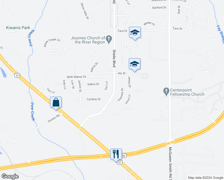 map of restaurants, bars, coffee shops, grocery stores, and more near 313 Sheila Boulevard in Prattville