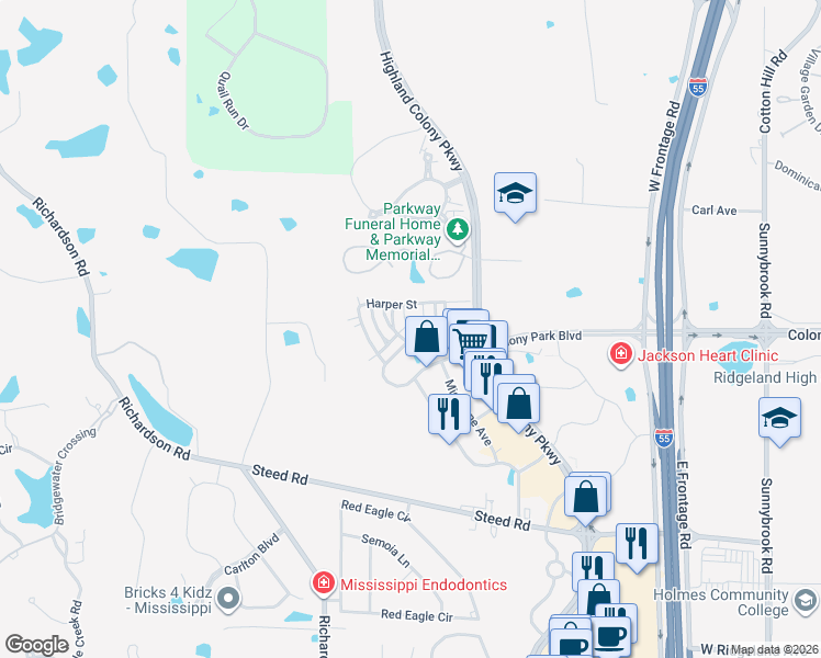 map of restaurants, bars, coffee shops, grocery stores, and more near 604 Northlake Avenue in Ridgeland