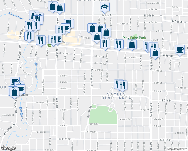 map of restaurants, bars, coffee shops, grocery stores, and more near 341 South Mockingbird Lane in Abilene