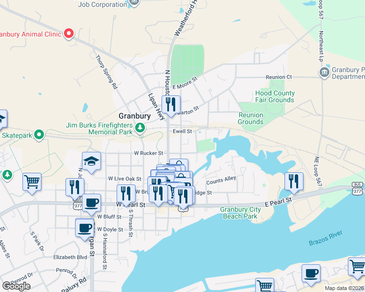 map of restaurants, bars, coffee shops, grocery stores, and more near 507 North Crockett Street in Granbury