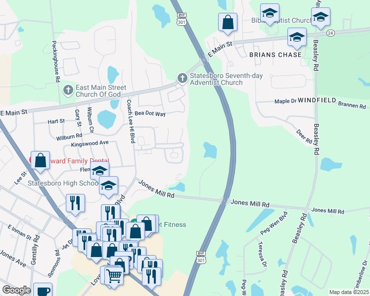 map of restaurants, bars, coffee shops, grocery stores, and more near 380 Hummingbird Circle in Statesboro