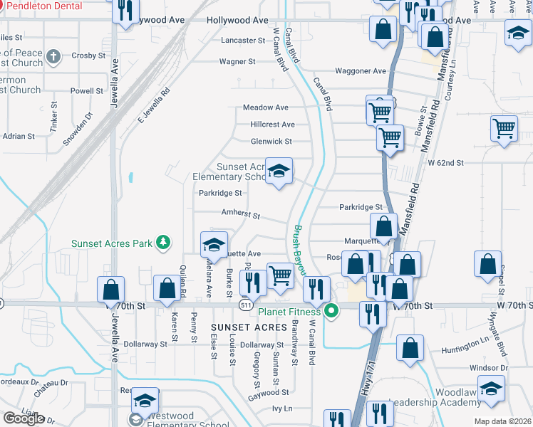 map of restaurants, bars, coffee shops, grocery stores, and more near 2914 Amherst Street in Shreveport