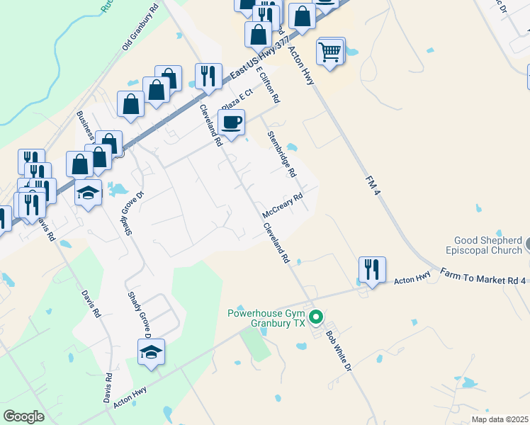 map of restaurants, bars, coffee shops, grocery stores, and more near 403 Cleveland Road in Granbury