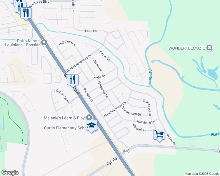 map of restaurants, bars, coffee shops, grocery stores, and more near 5413 Mulberry Drive in Bossier City