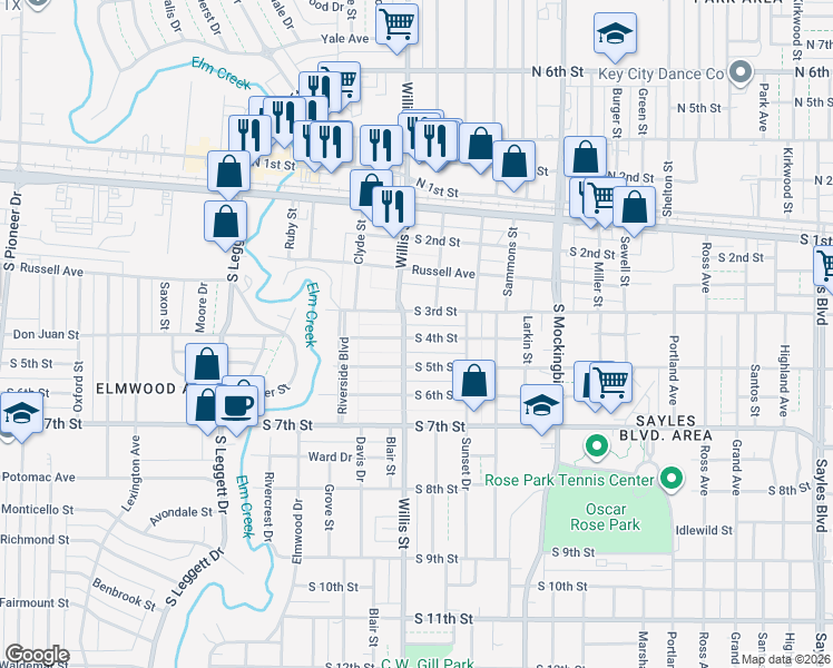 map of restaurants, bars, coffee shops, grocery stores, and more near 3233 South 4th Street in Abilene