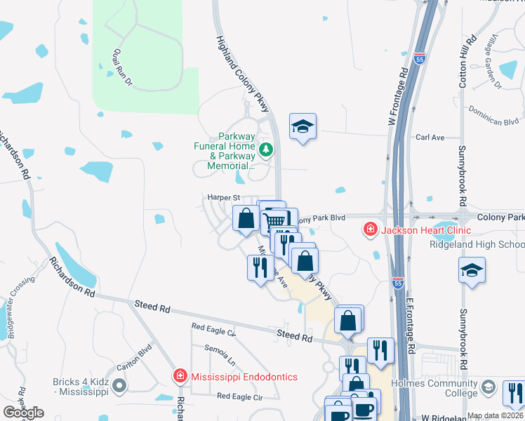 map of restaurants, bars, coffee shops, grocery stores, and more near 300 Eastpark Street in Ridgeland
