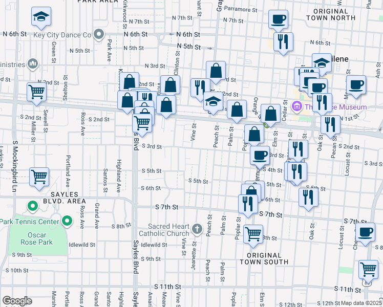 map of restaurants, bars, coffee shops, grocery stores, and more near 1705 South 3rd Street in Abilene