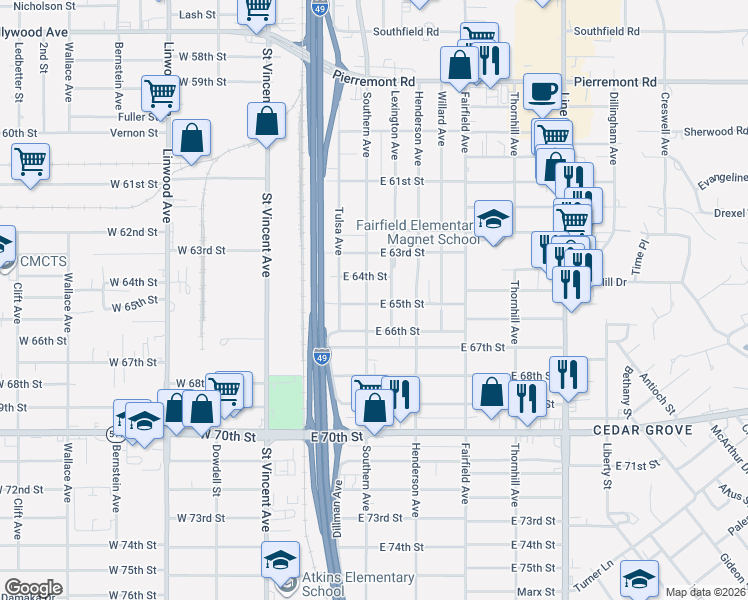 map of restaurants, bars, coffee shops, grocery stores, and more near 6501 Southern Avenue in Shreveport