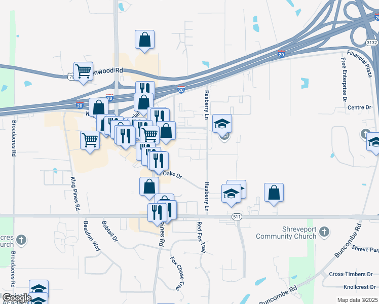 map of restaurants, bars, coffee shops, grocery stores, and more near 6800 Rasberry Lane in Shreveport