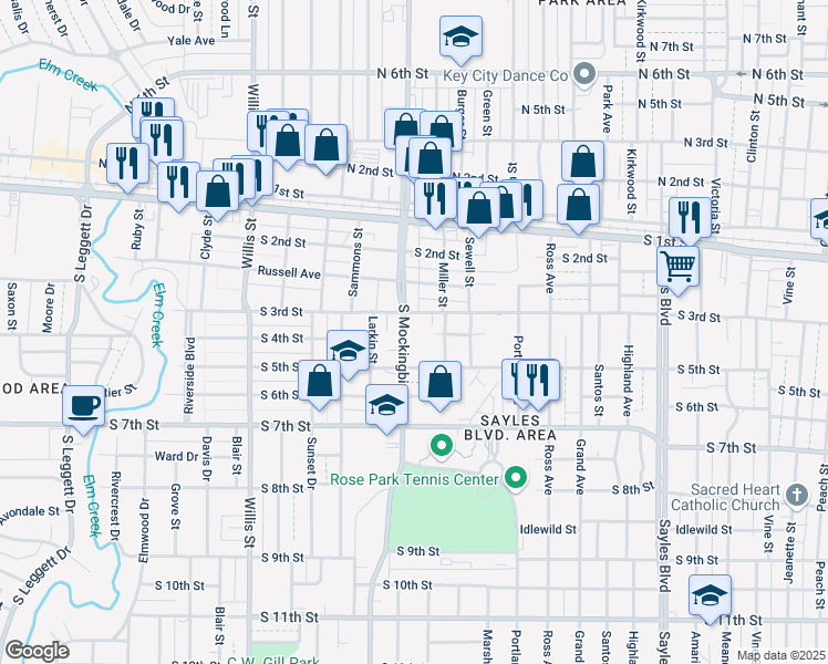 map of restaurants, bars, coffee shops, grocery stores, and more near 341 South Mockingbird Lane in Abilene
