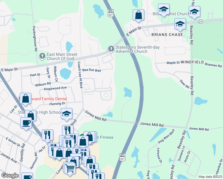 map of restaurants, bars, coffee shops, grocery stores, and more near 332 Hummingbird Circle in Statesboro