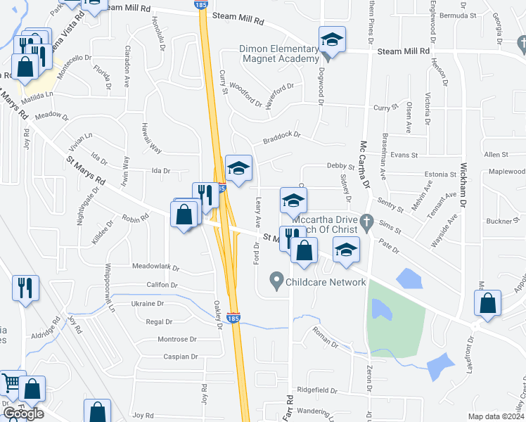 map of restaurants, bars, coffee shops, grocery stores, and more near 132 Leary Avenue in Columbus