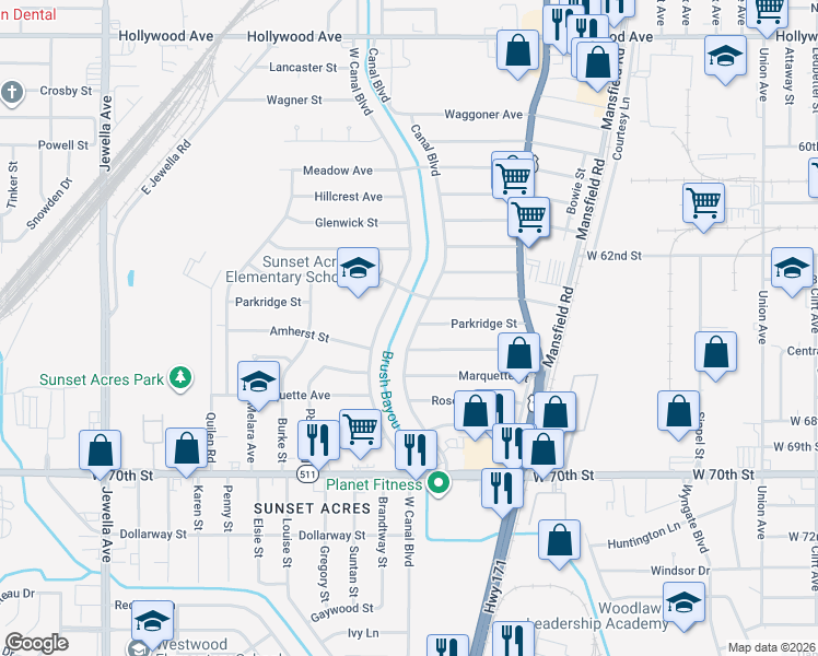 map of restaurants, bars, coffee shops, grocery stores, and more near 6528 Canal Boulevard in Shreveport