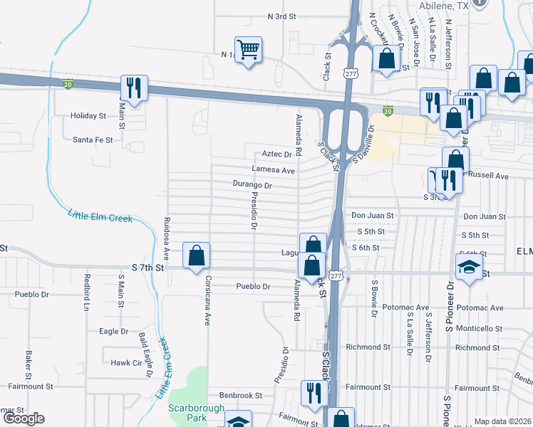 map of restaurants, bars, coffee shops, grocery stores, and more near 5257 Questa Drive in Abilene