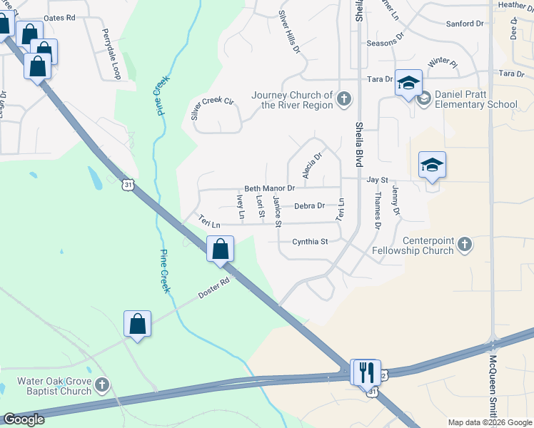 map of restaurants, bars, coffee shops, grocery stores, and more near 115 Lori Street in Prattville