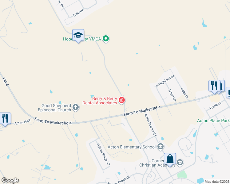 map of restaurants, bars, coffee shops, grocery stores, and more near 2200 James Road in Granbury