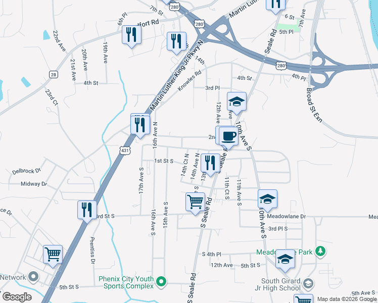 map of restaurants, bars, coffee shops, grocery stores, and more near 105 14th Court North in Phenix City